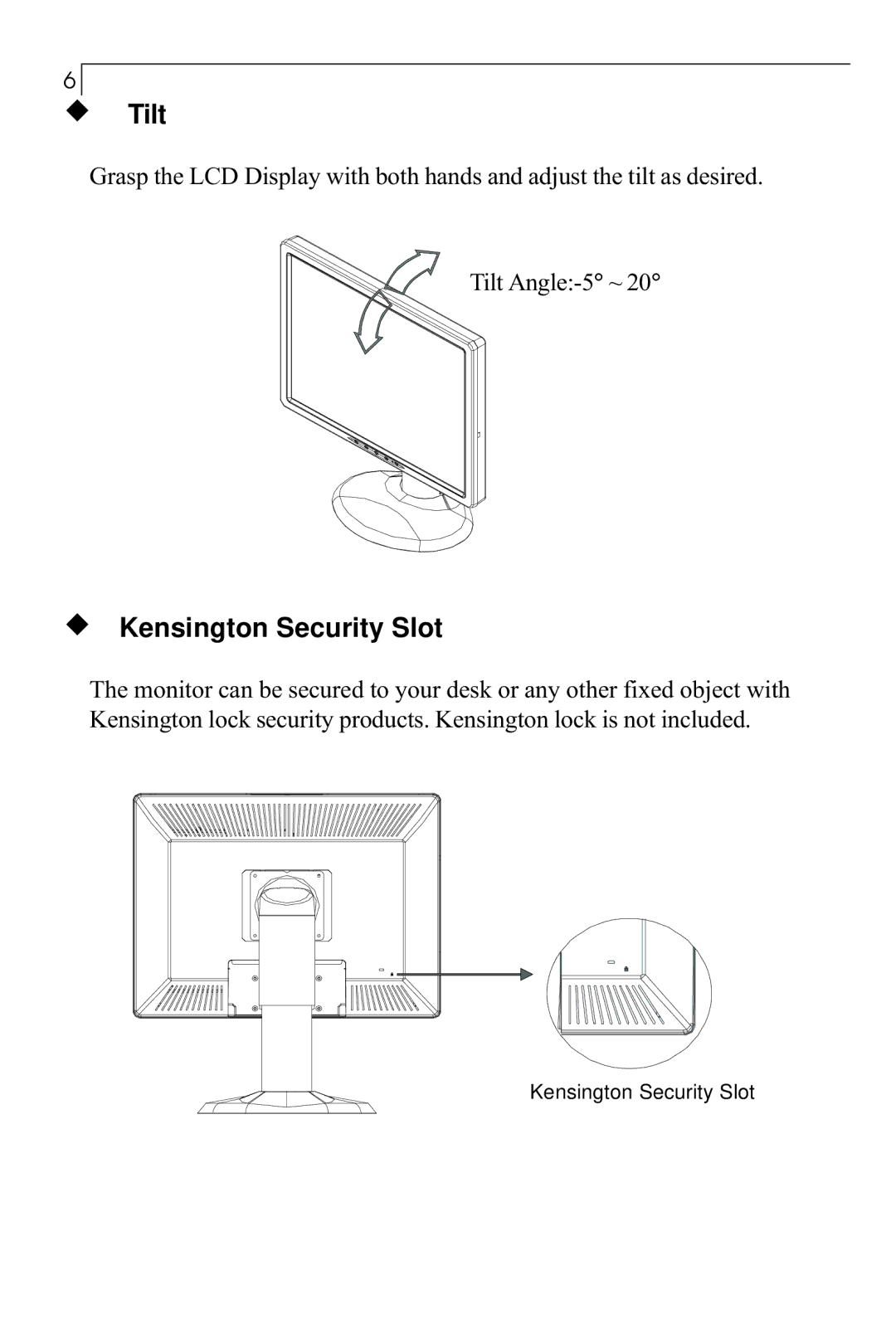 Planar PX23MW manual Tilt, Kensington Security Slot 