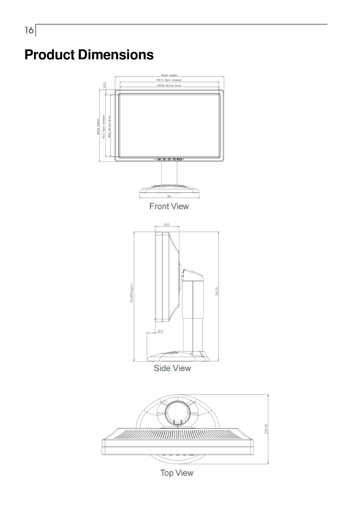 Planar PX23MW manual Product Dimensions 