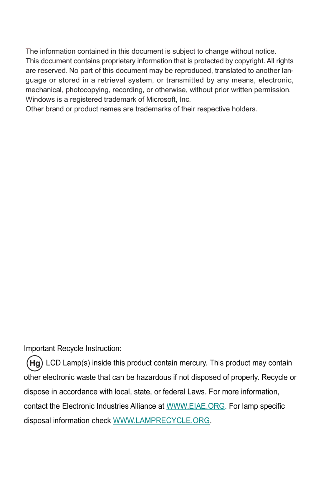 Planar PX23MW manual Important Recycle Instruction 