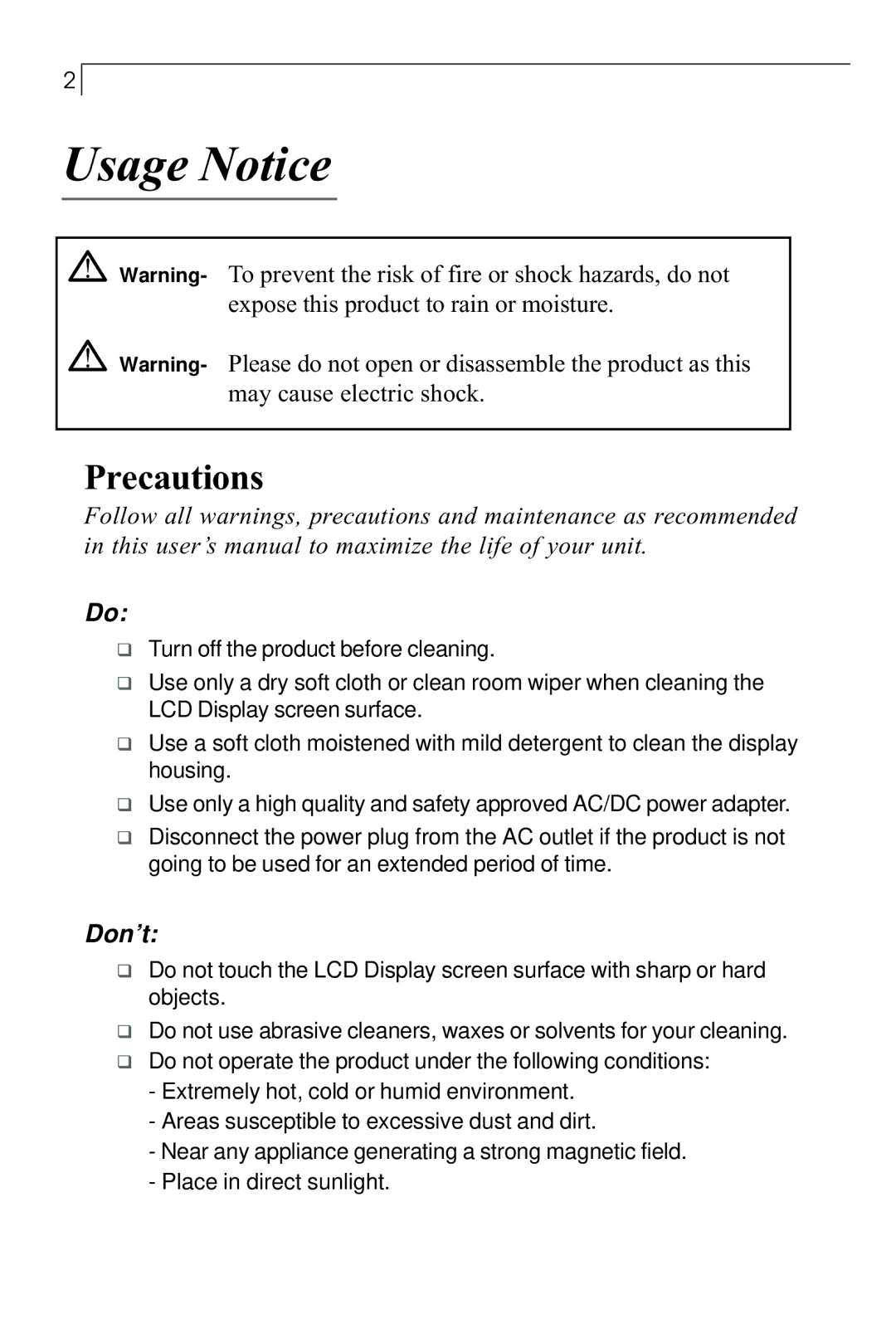 Planar PX23MW manual Usage Notice, Precautions 