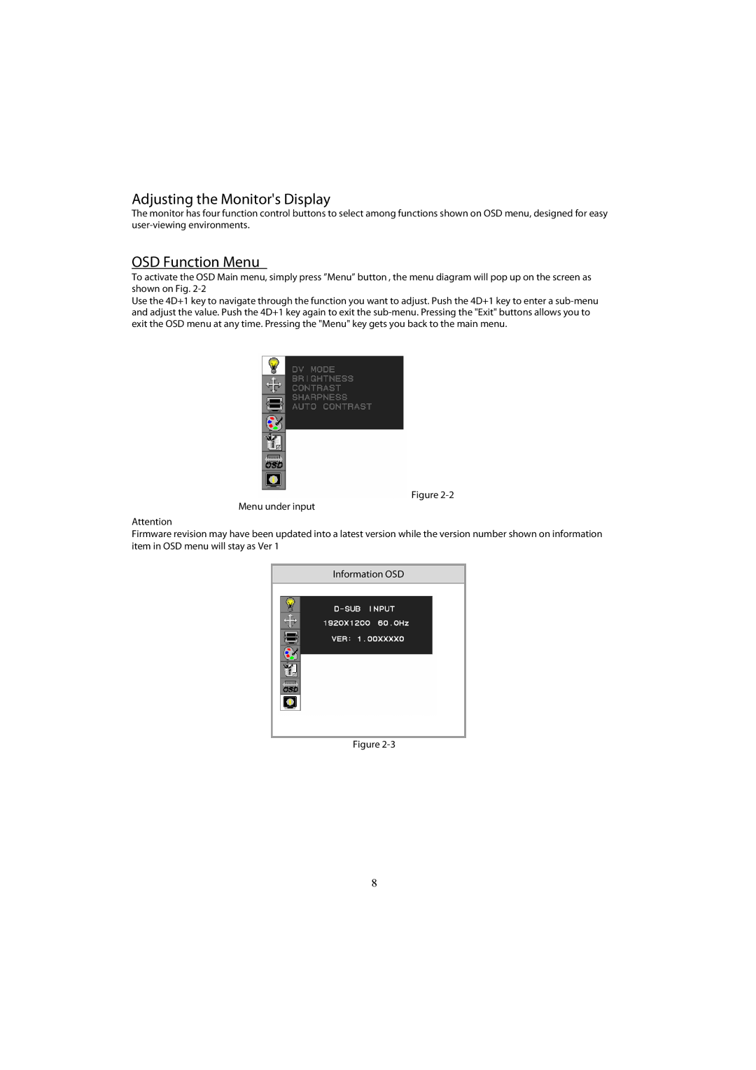 Planar PX2611W manual Adjusting the Monitors Display, OSD Function Menu 