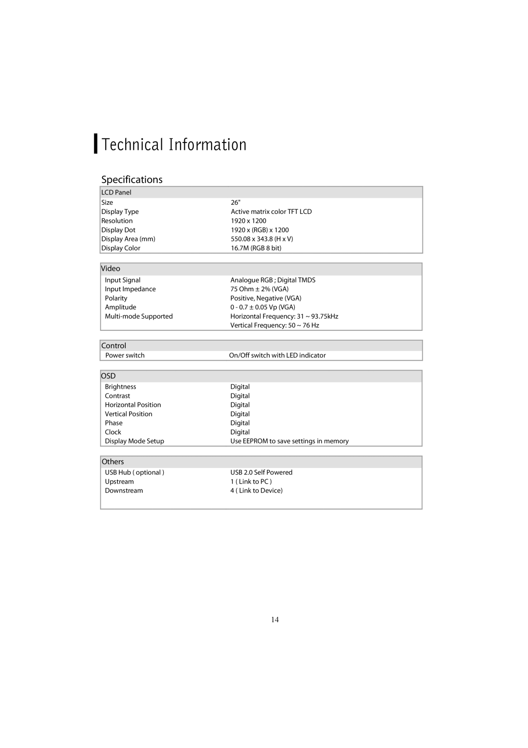 Planar PX2611W manual Technical Information, Specifications 