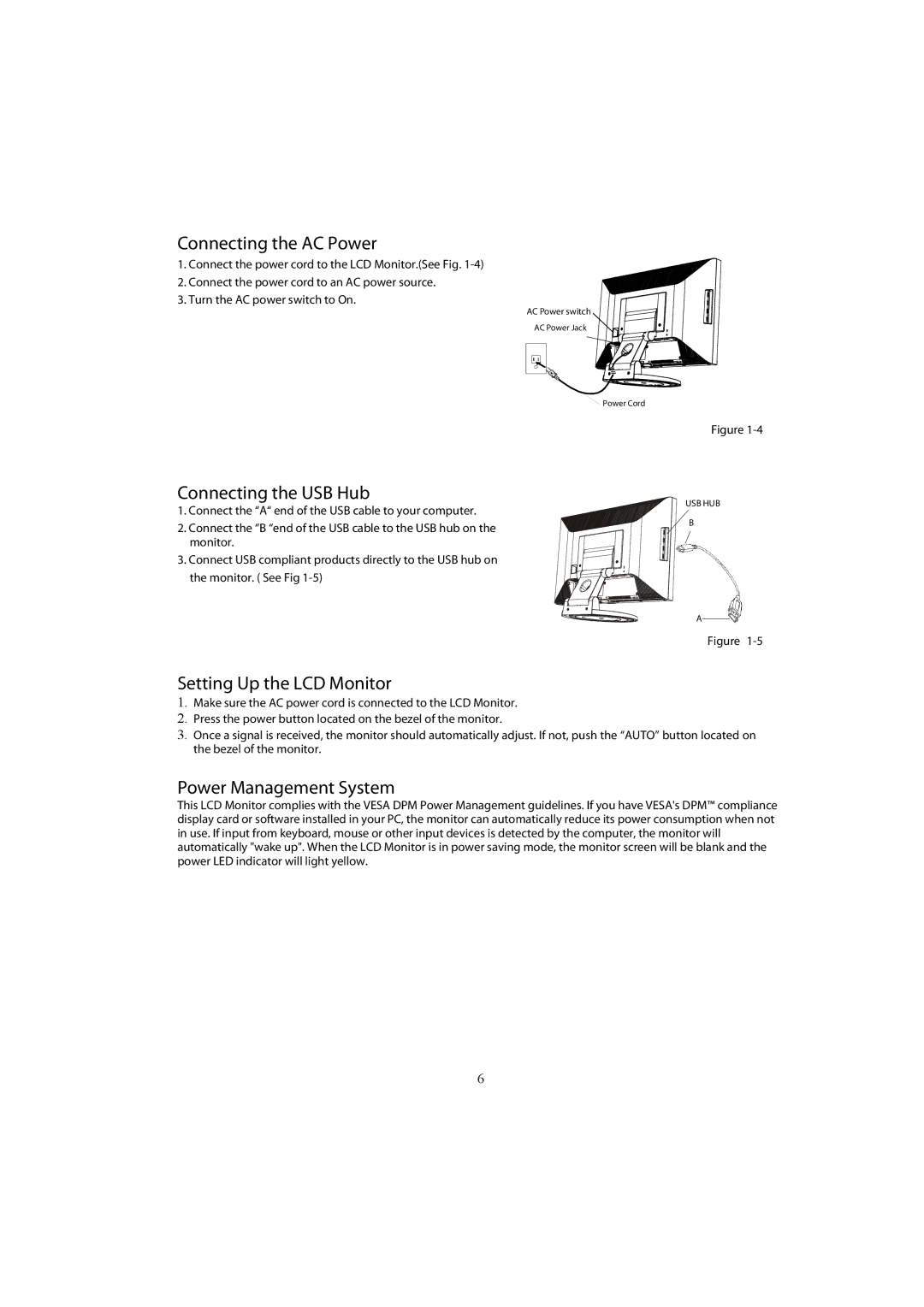 Planar PX2611W manual Connecting the AC Power, Connecting the USB Hub, Setting Up the LCD Monitor, Power Management System 