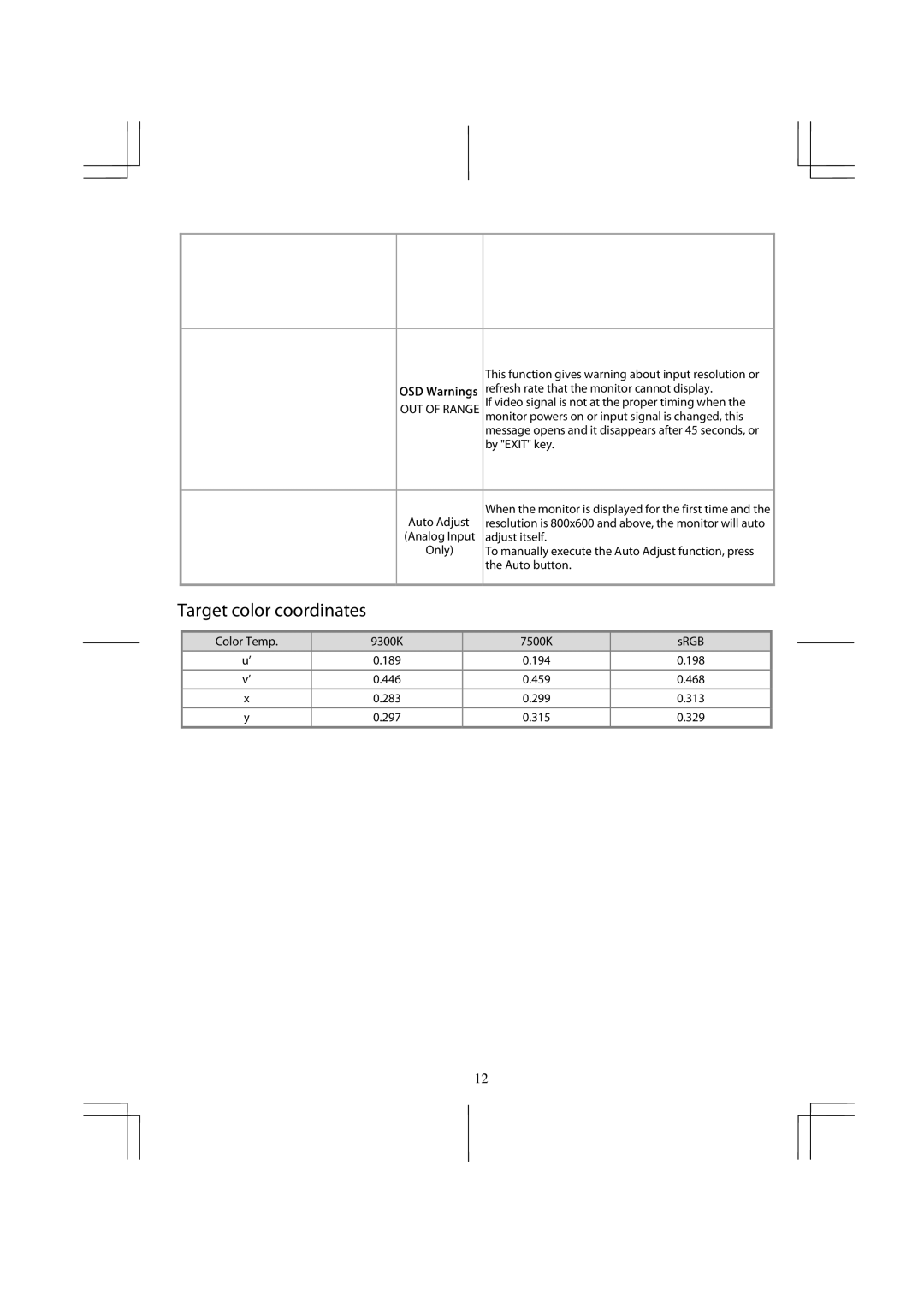 Planar PX2611W Refresh rate that the monitor cannot display, If video signal is not at the proper timing when, By Exit key 