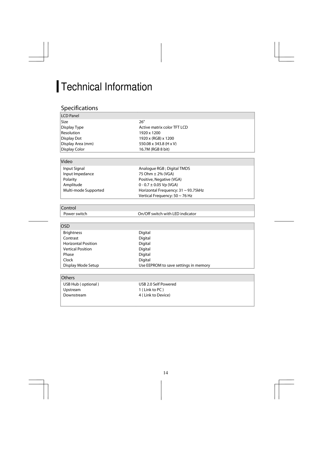 Planar PX2611W manual Technical Information, Specifications 