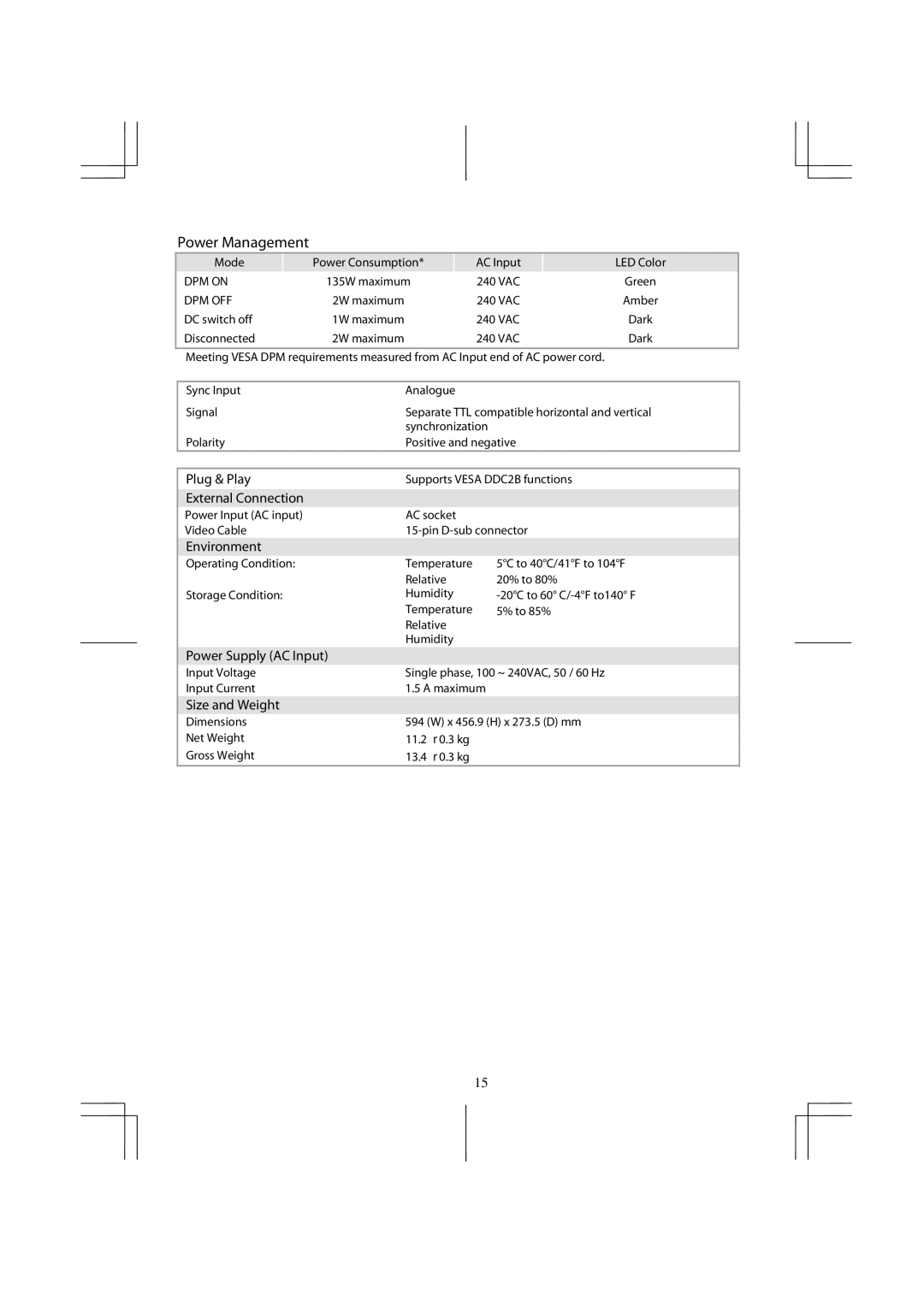 Planar PX2611W manual Mode Power Consumption AC Input LED Color, 240 VAC, DC switch off, Disconnected 