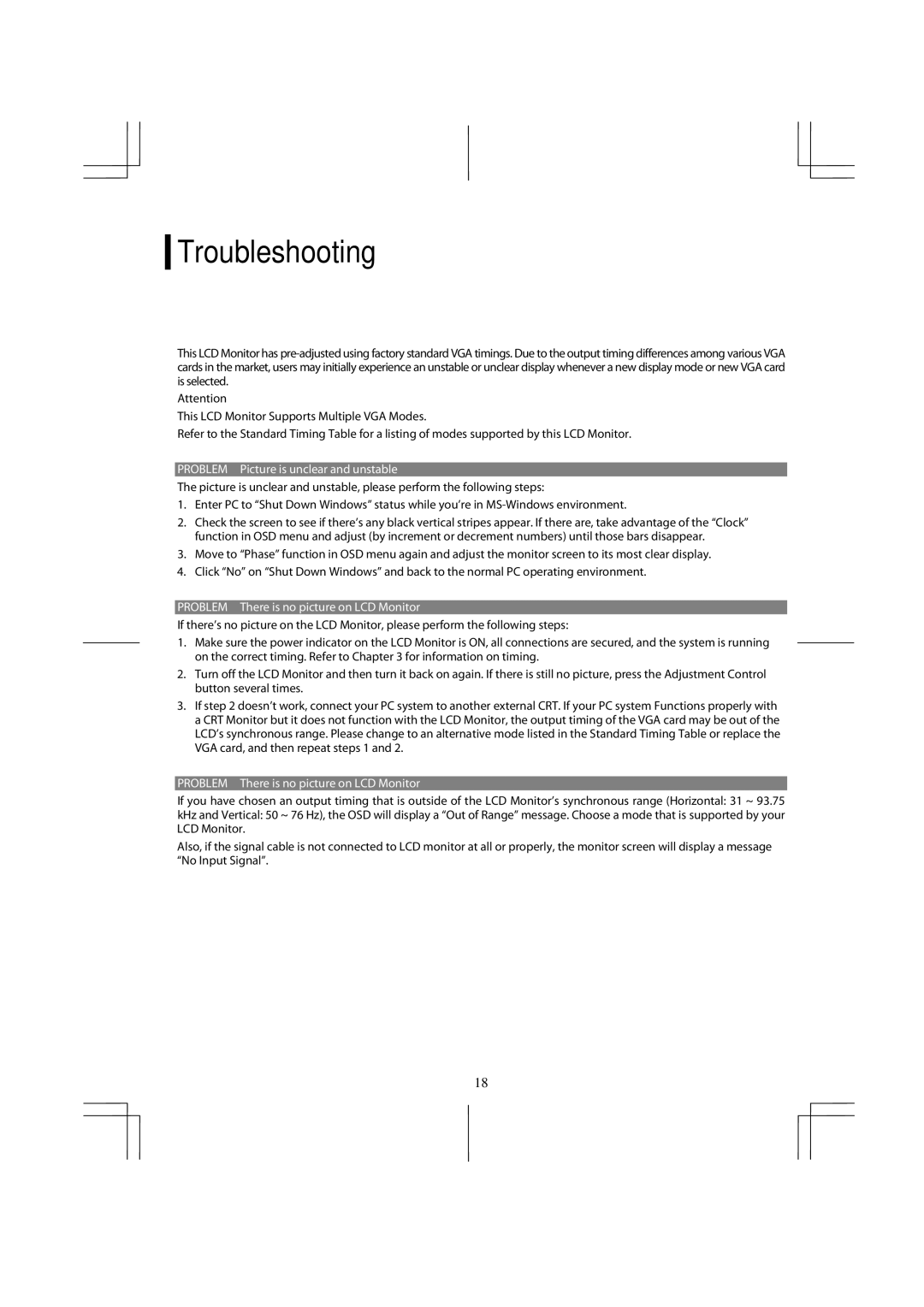 Planar PX2611W manual Troubleshooting, Problem Picture is unclear and unstable 