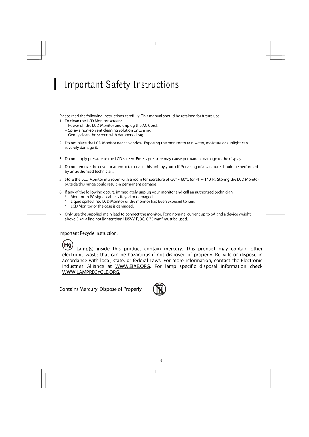 Planar PX2611W manual Important Safety Instructions 