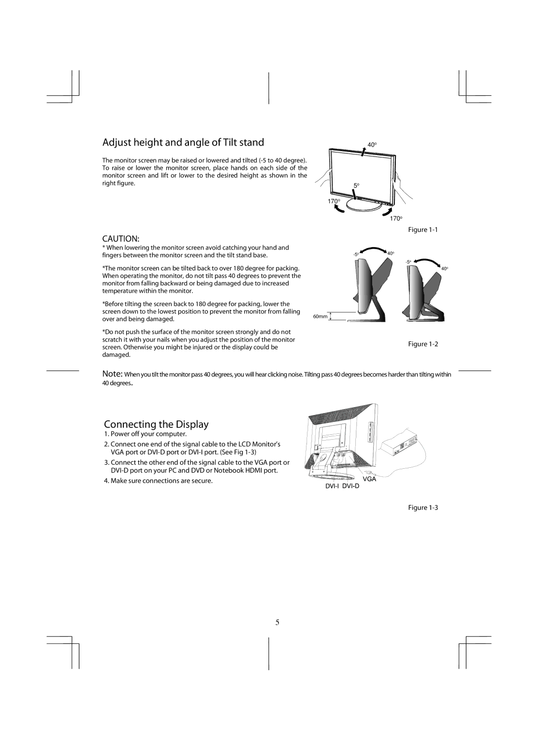 Planar PX2611W manual Adjust height and angle of Tilt stand, Connecting the Display, Power off your computer 