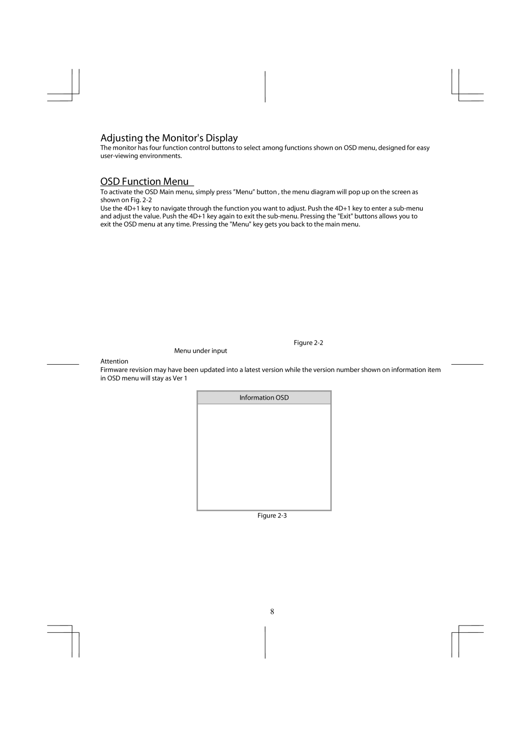 Planar PX2611W manual Adjusting the Monitors Display, OSD Function Menu 