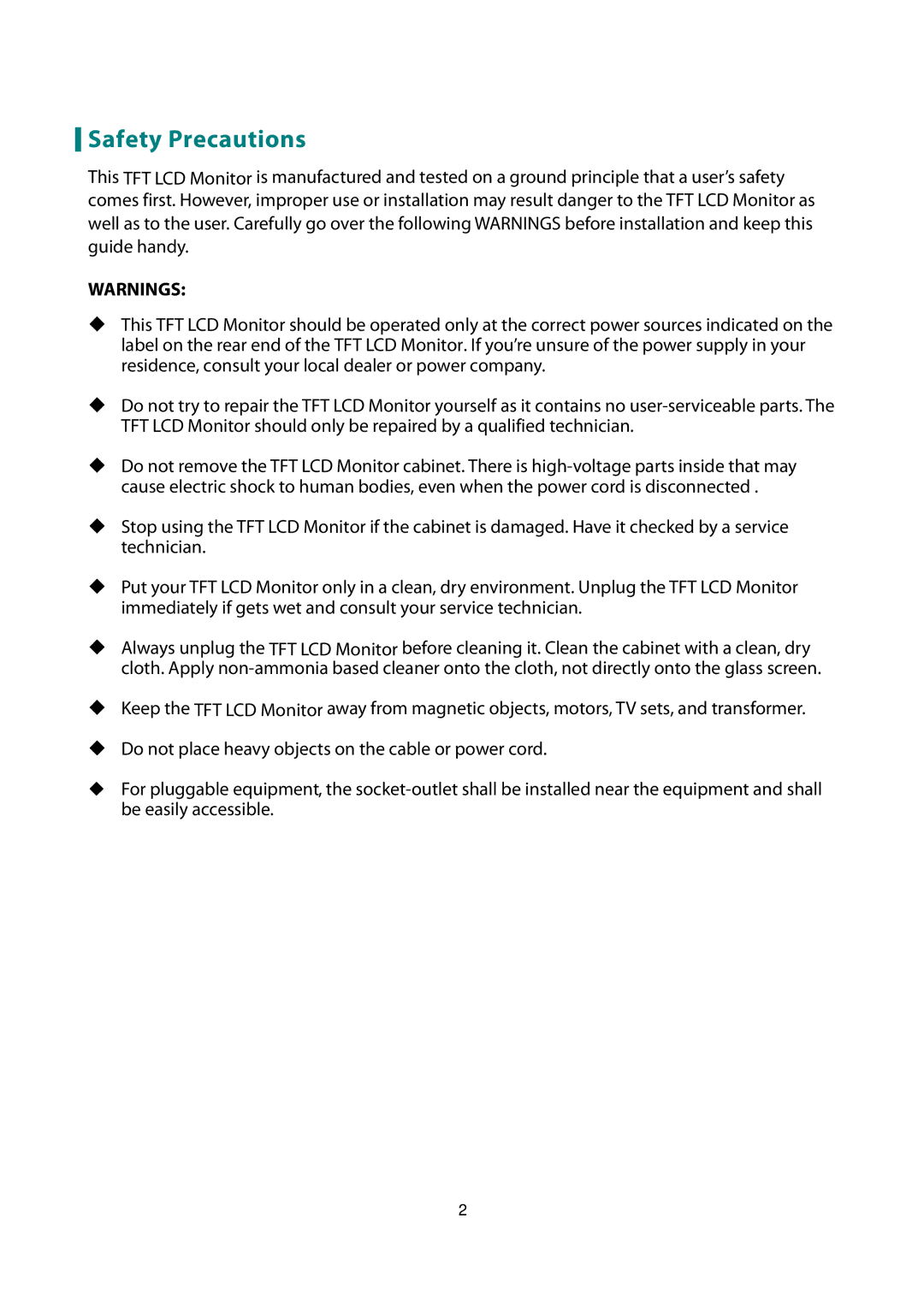 Planar PX2710MW manual Safety Precautions 