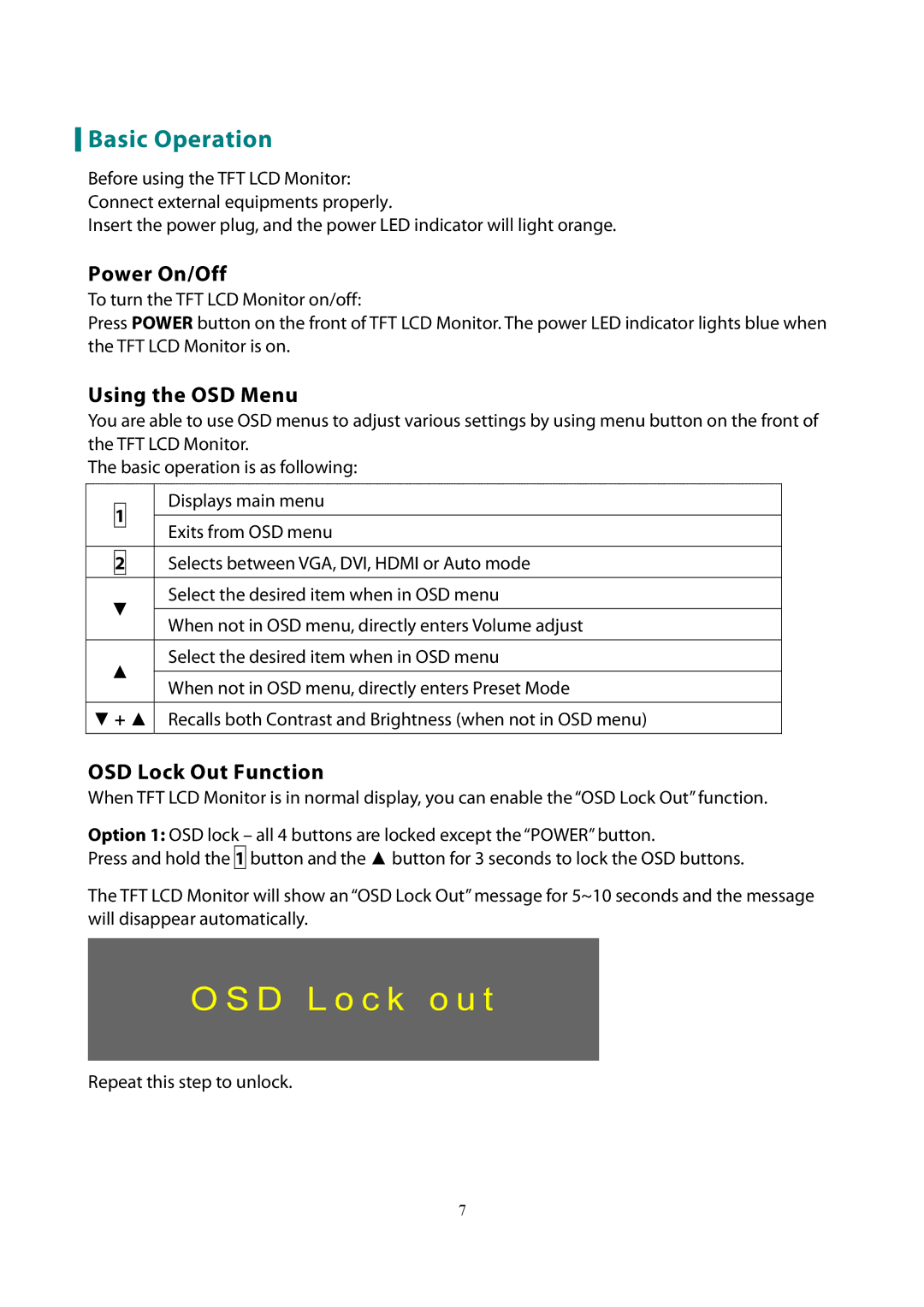 Planar PX2710MW manual Basic Operation, Power On/Off, Using the OSD Menu, OSD Lock Out Function 