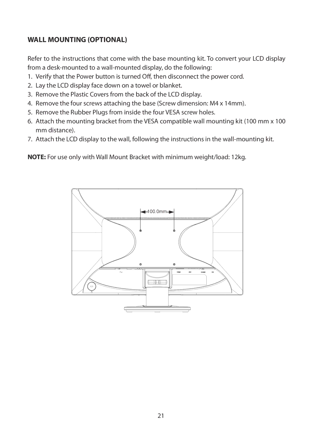 Planar PXL225 MW manual Wall Mounting Optional 