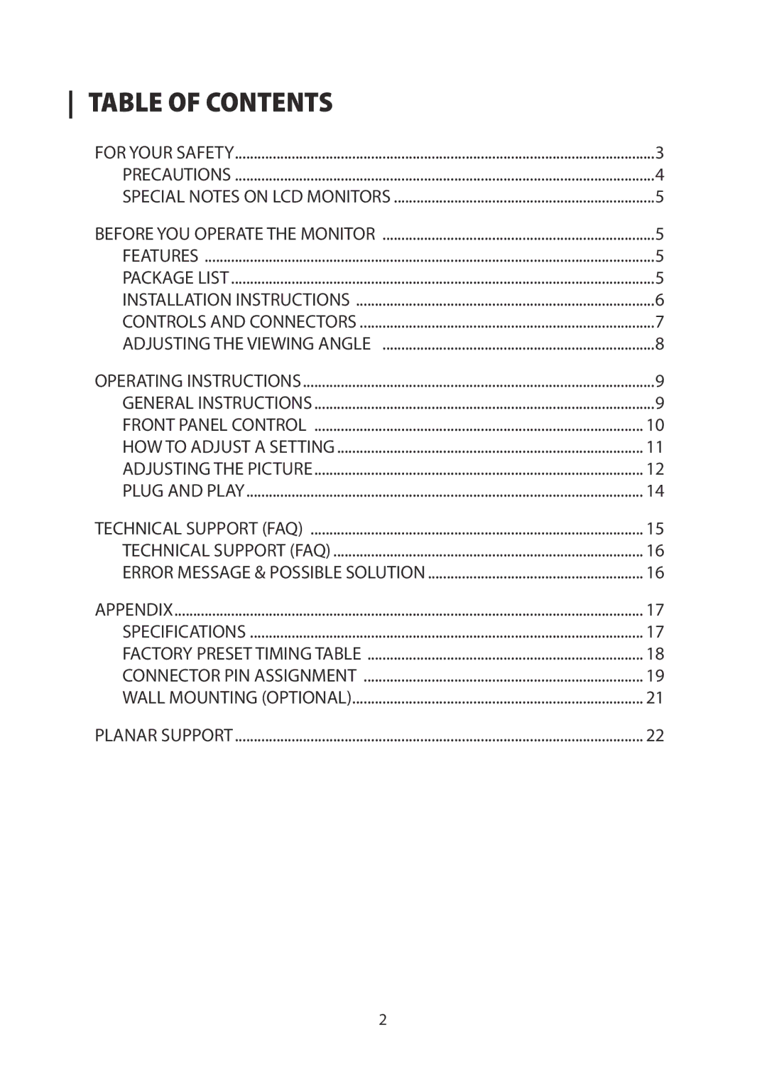 Planar PXL225 MW manual Table of Contents 