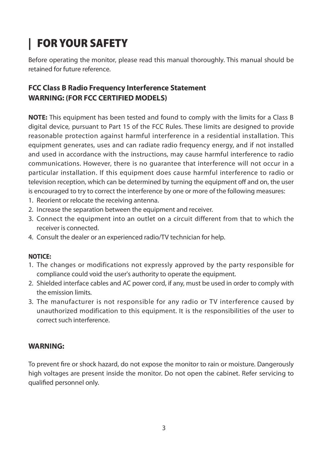 Planar PXL225 MW manual For Your Safety, FCC Class B Radio Frequency Interference Statement 