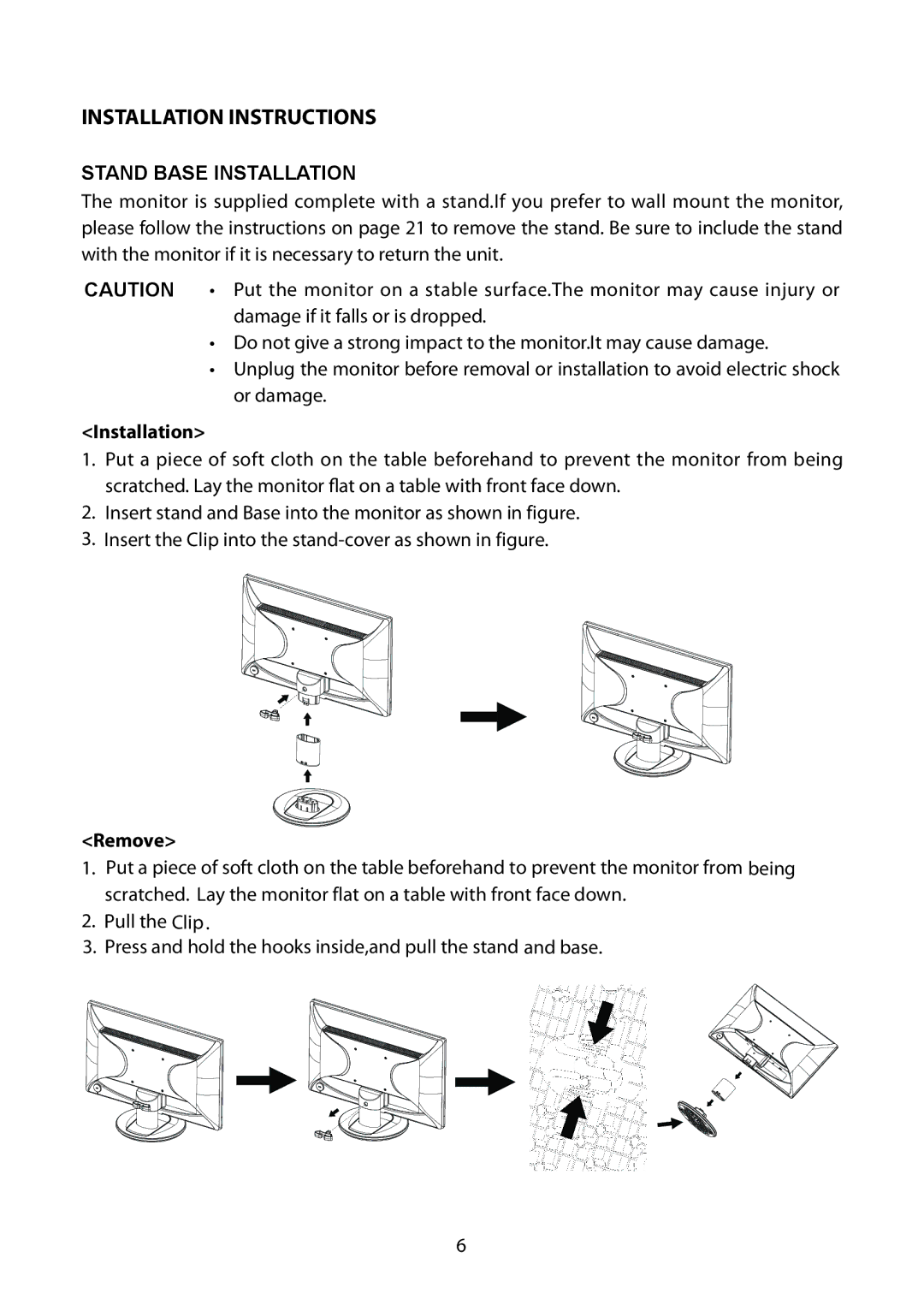 Planar PXL225 MW manual Installation Instructions, Stand Base Installation, Remove 