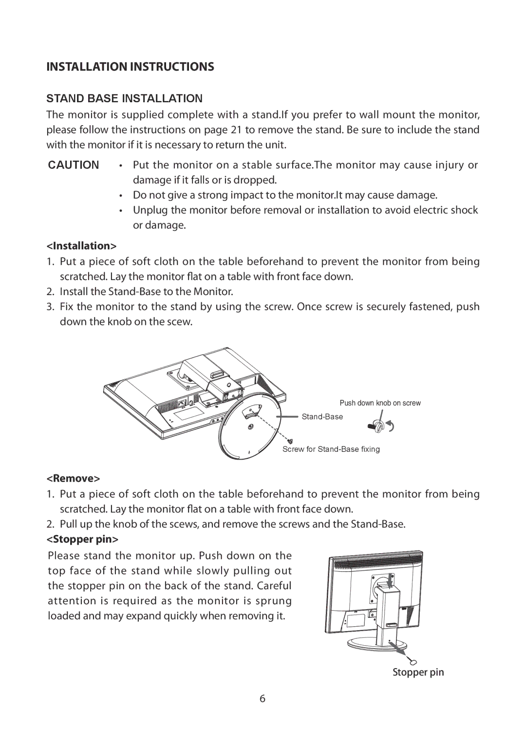 Planar PXL2251MW manual Installation Instructions, Stand Base Installation, Remove, Stopper pin 