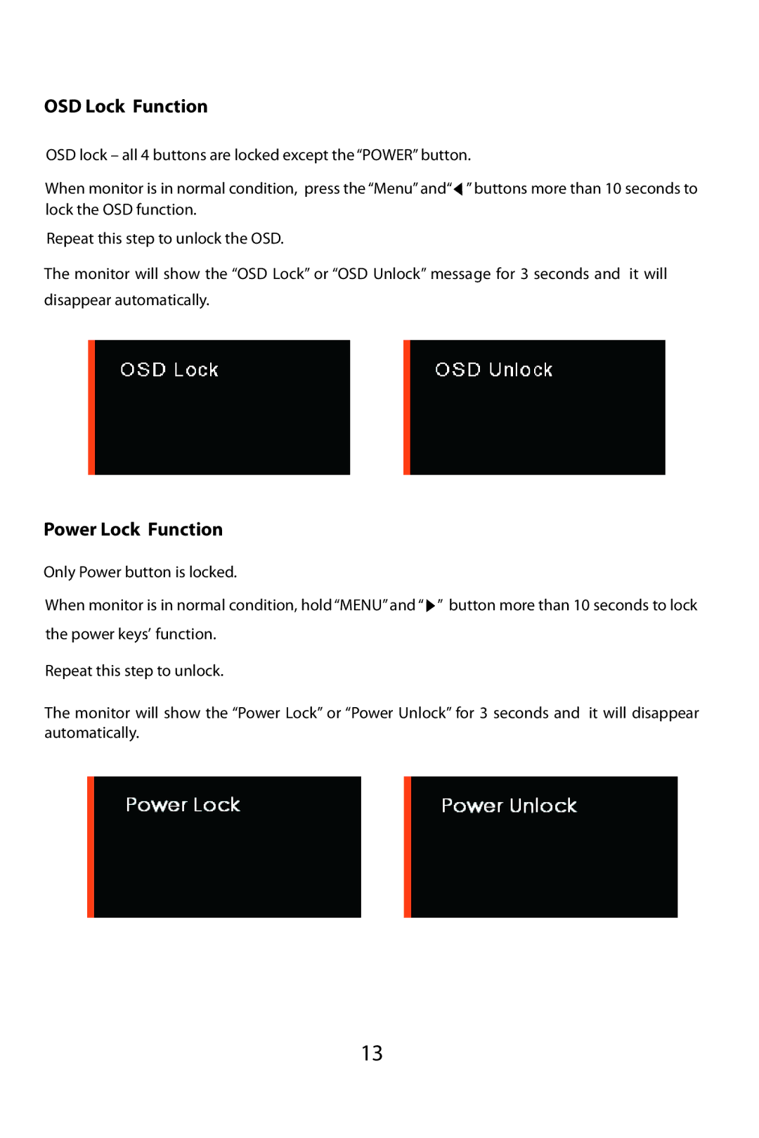 Planar SA2311W manual OSD Lock Function, Power Lock Function 