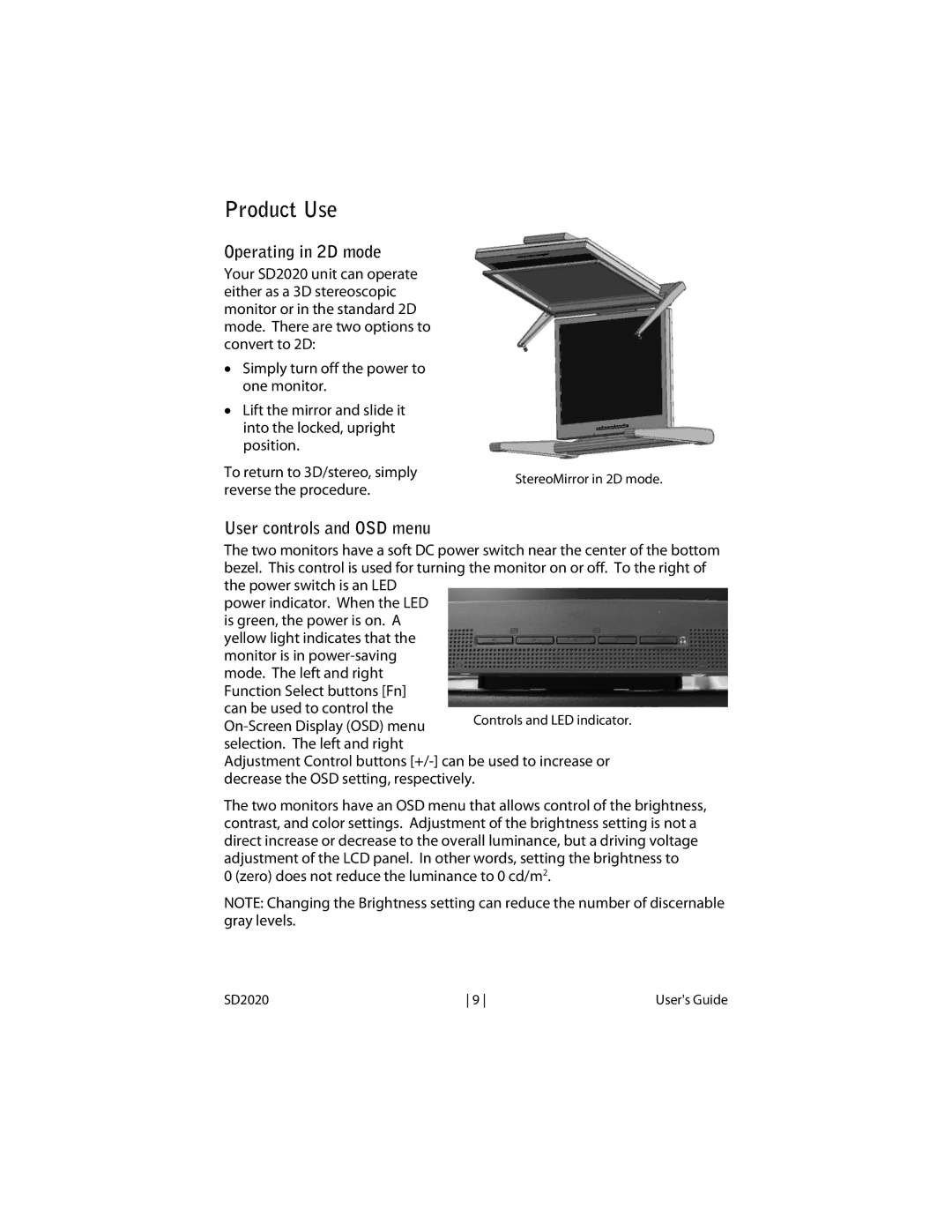 Planar SD2020 manual Product Use, Operating in 2D mode, User controls and OSD menu 