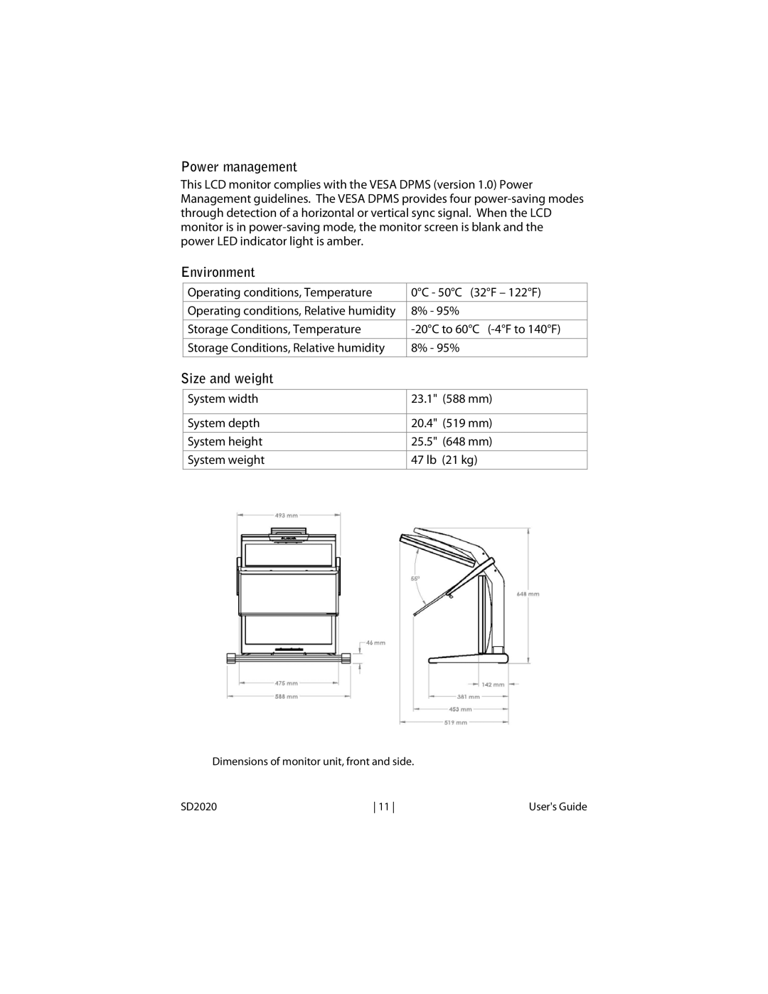 Planar SD2020 manual Power management, Environment, Size and weight 