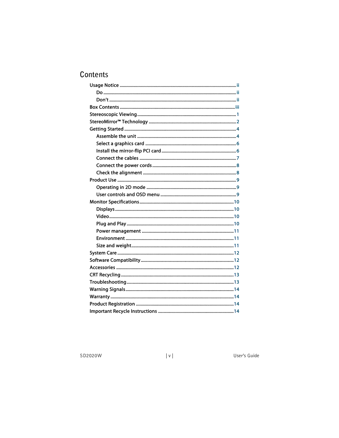 Planar SD2020 manual Contents 