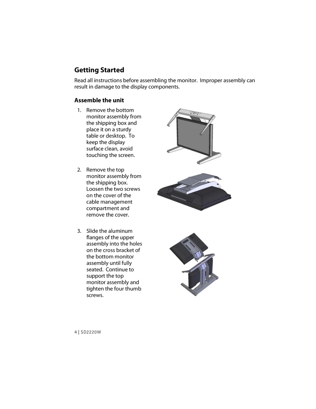 Planar sd2220w manual Getting Started, Assemble the unit 