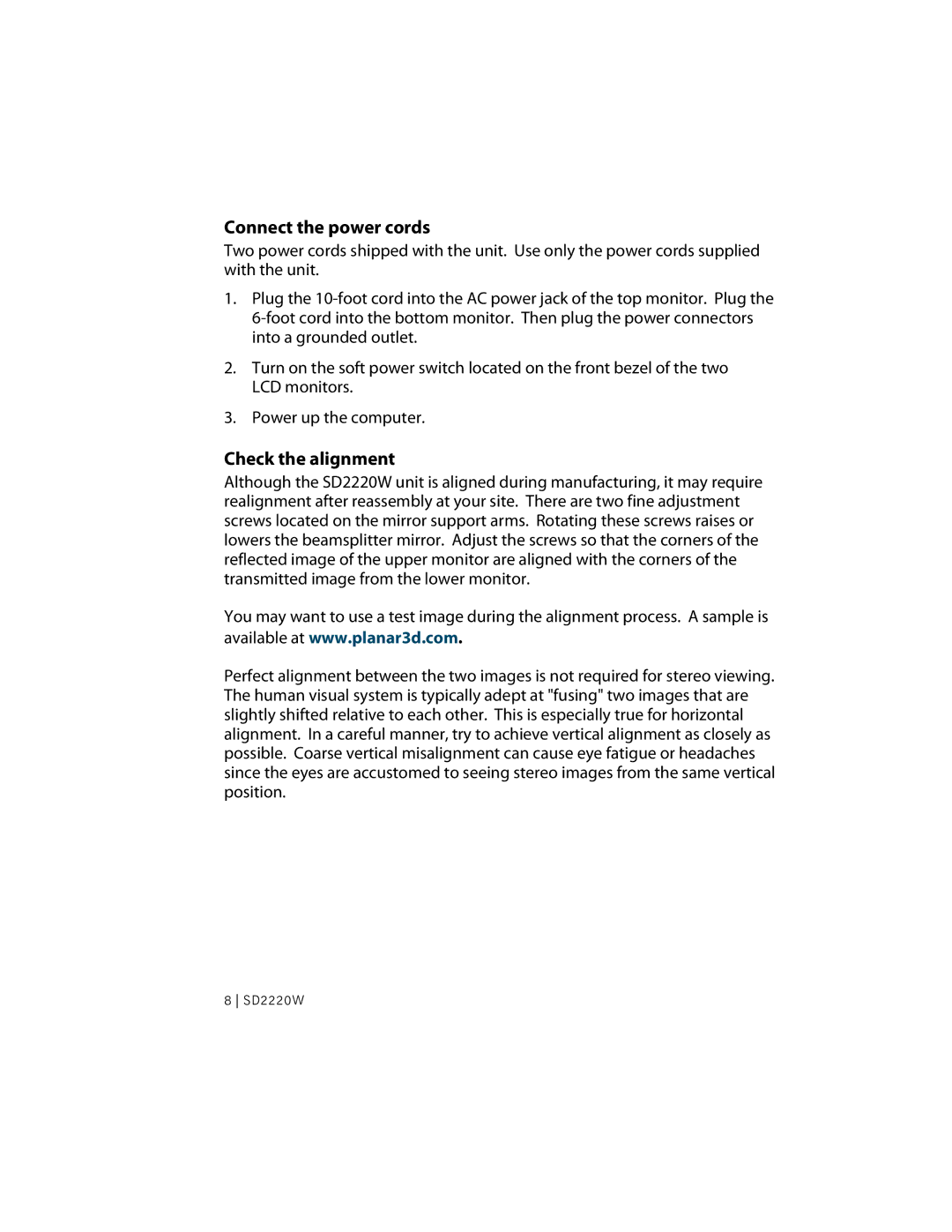 Planar sd2220w manual Connect the power cords, Check the alignment 