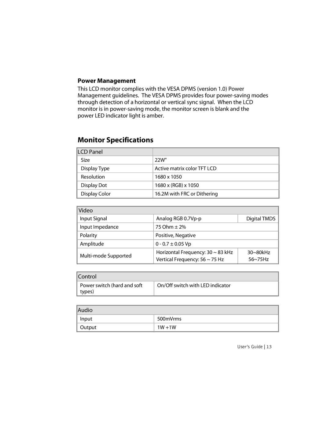 Planar sd2220w manual Monitor Specifications, Power Management 