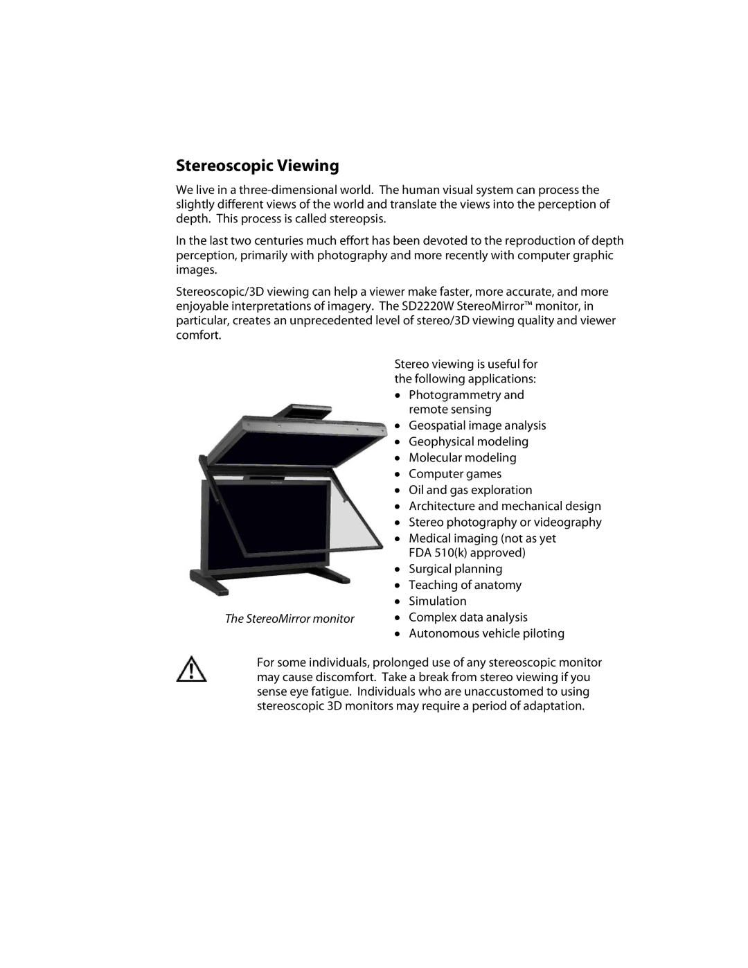 Planar sd2220w manual Stereoscopic Viewing, StereoMirror monitor 