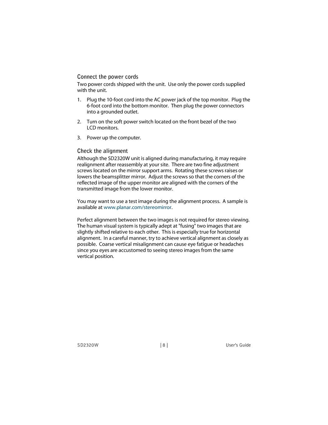 Planar SD2320W manual Connect the power cords, Check the alignment 