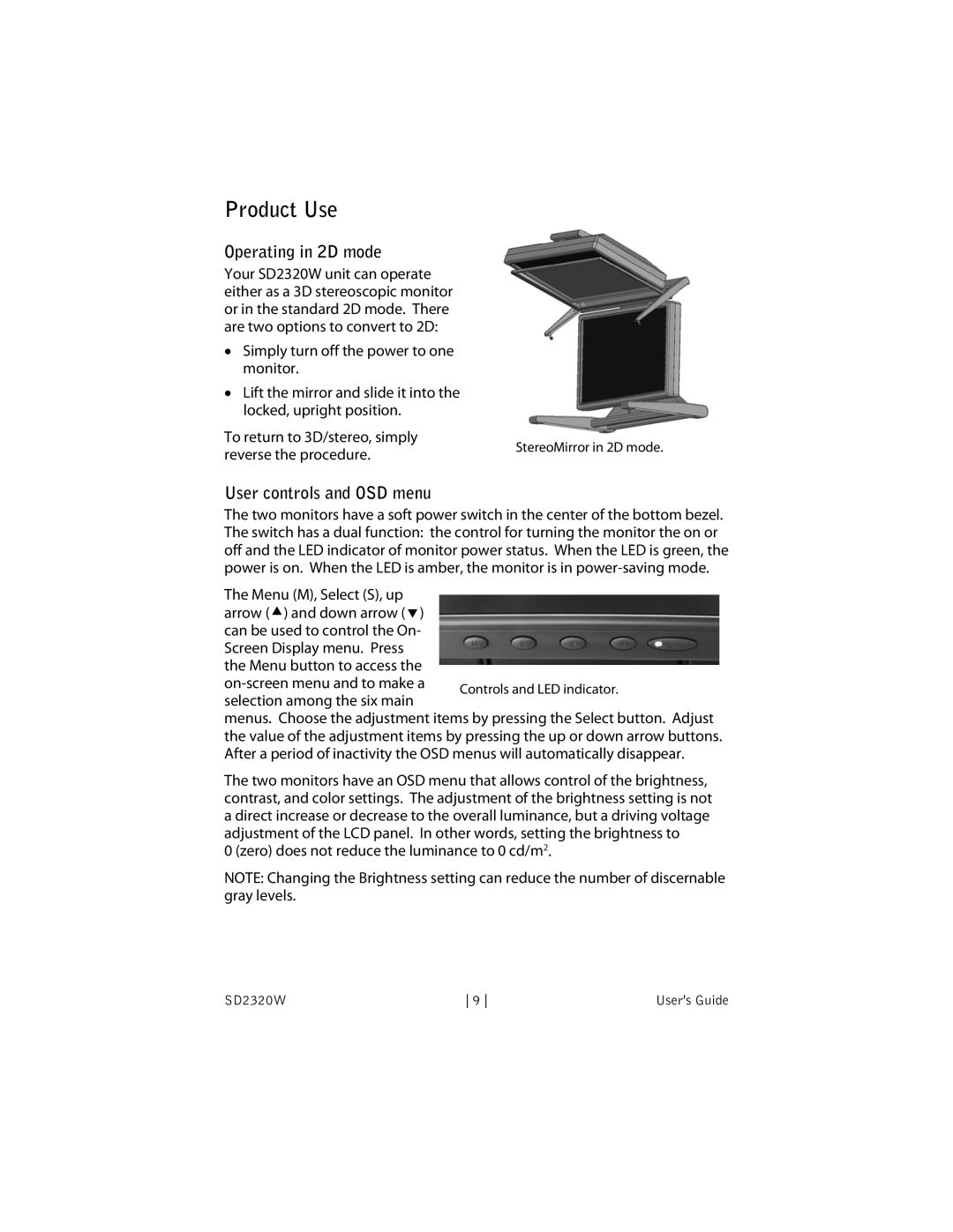 Planar SD2320W manual Product Use, Operating in 2D mode, User controls and OSD menu 