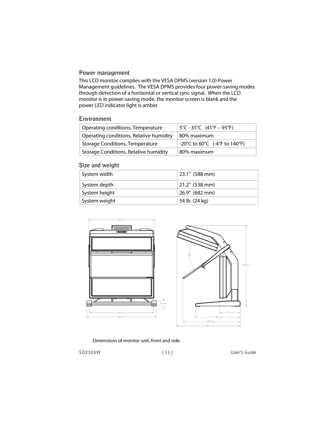 Planar SD2320W manual Power management, Environment, Size and weight 