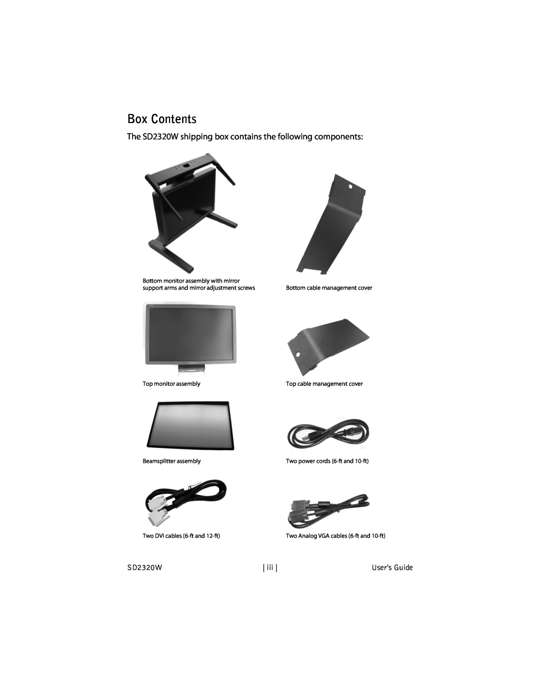 Planar SD2320W Box Contents, Users Guide, Bottom monitor assembly with mirror, support arms and mirror adjustment screws 