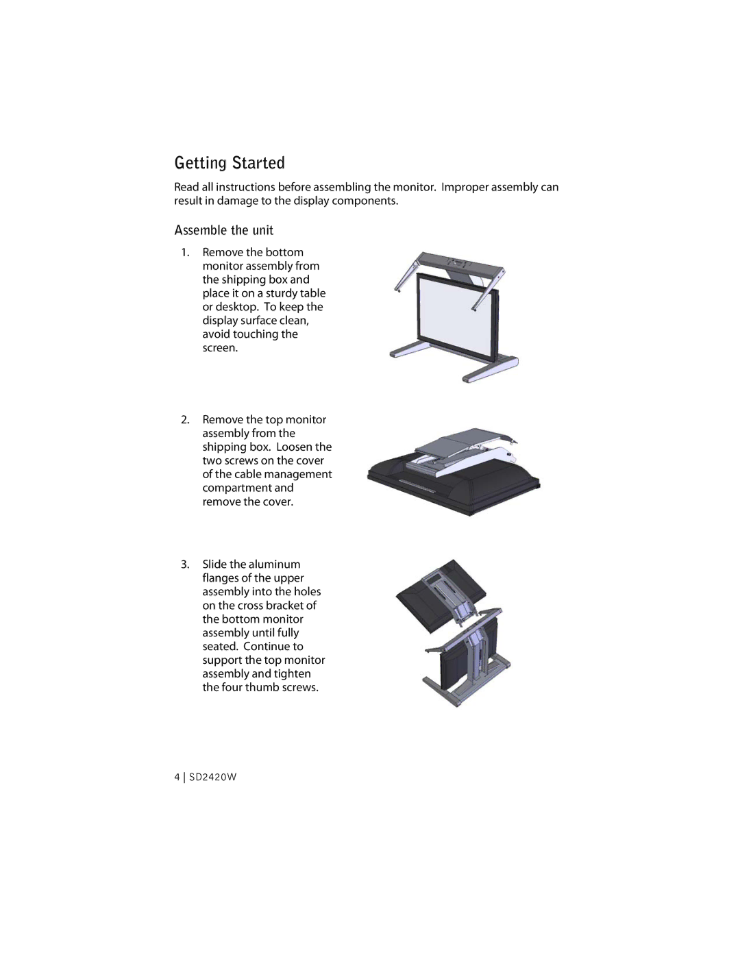 Planar SD2420W manual Getting Started, Assemble the unit 