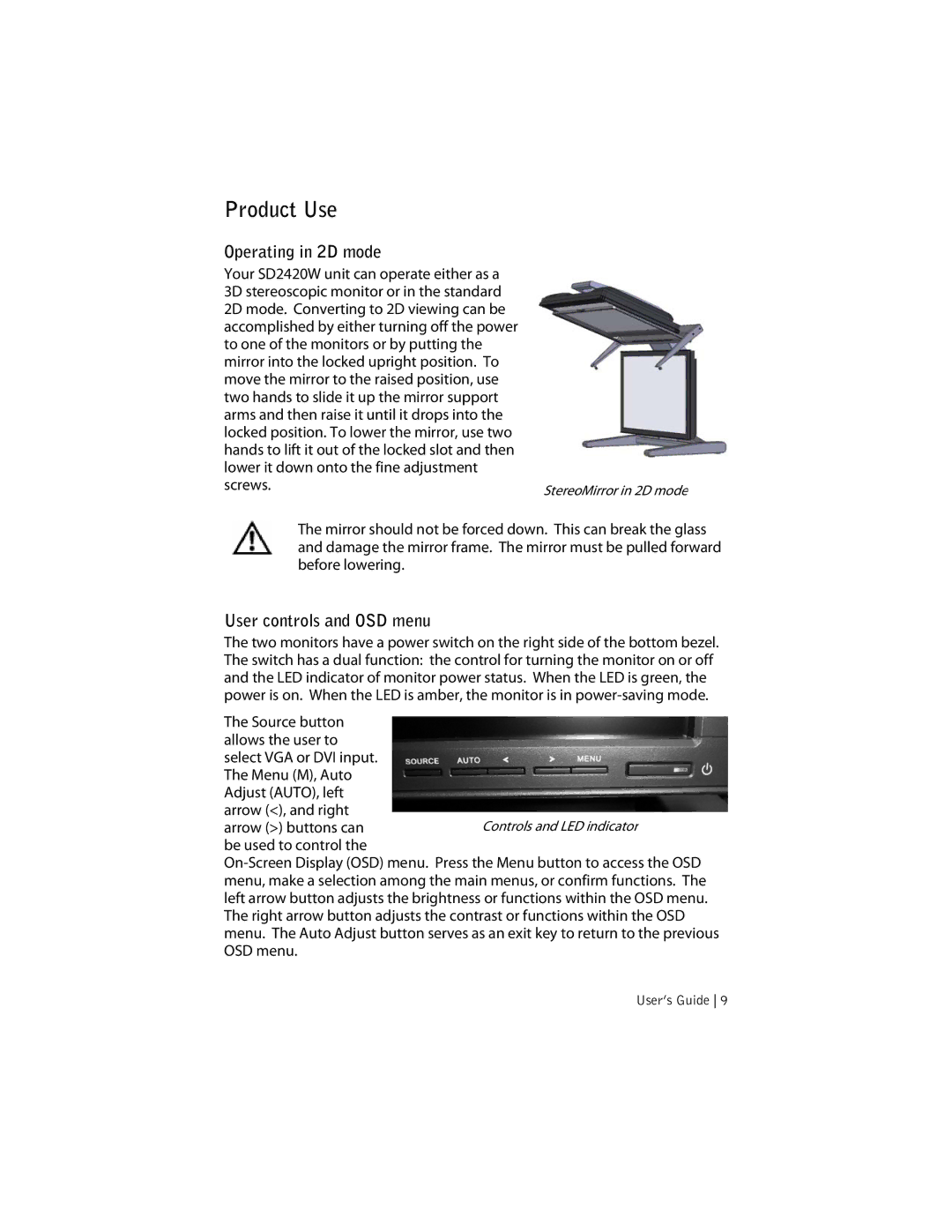 Planar SD2420W manual Product Use, Operating in 2D mode, User controls and OSD menu 