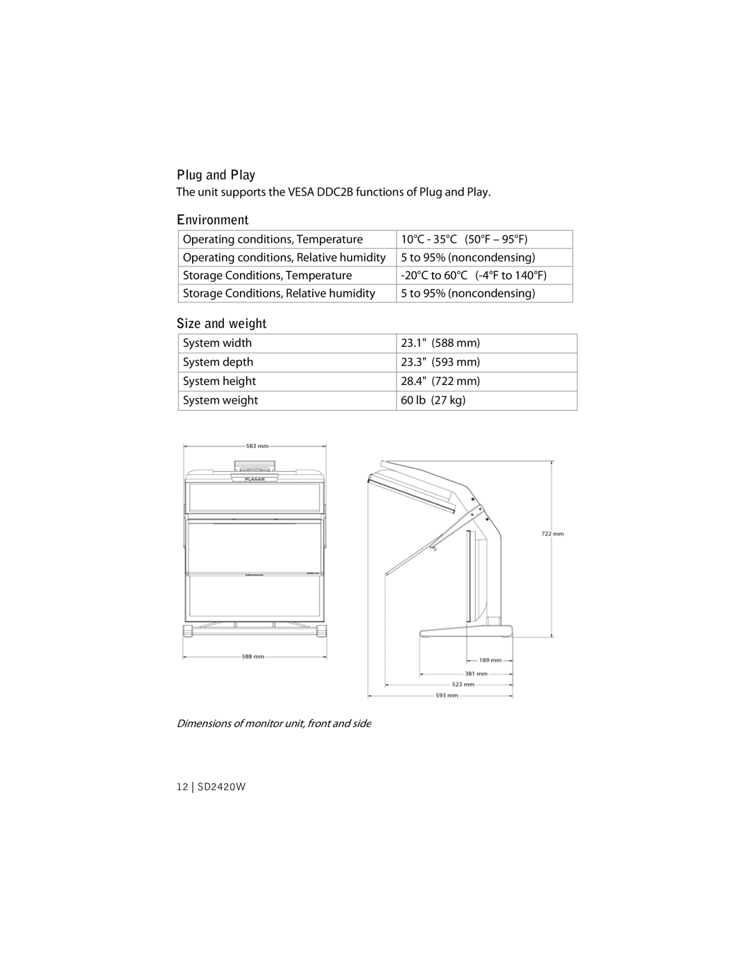 Planar SD2420W manual Plug and Play, Environment, Size and weight 