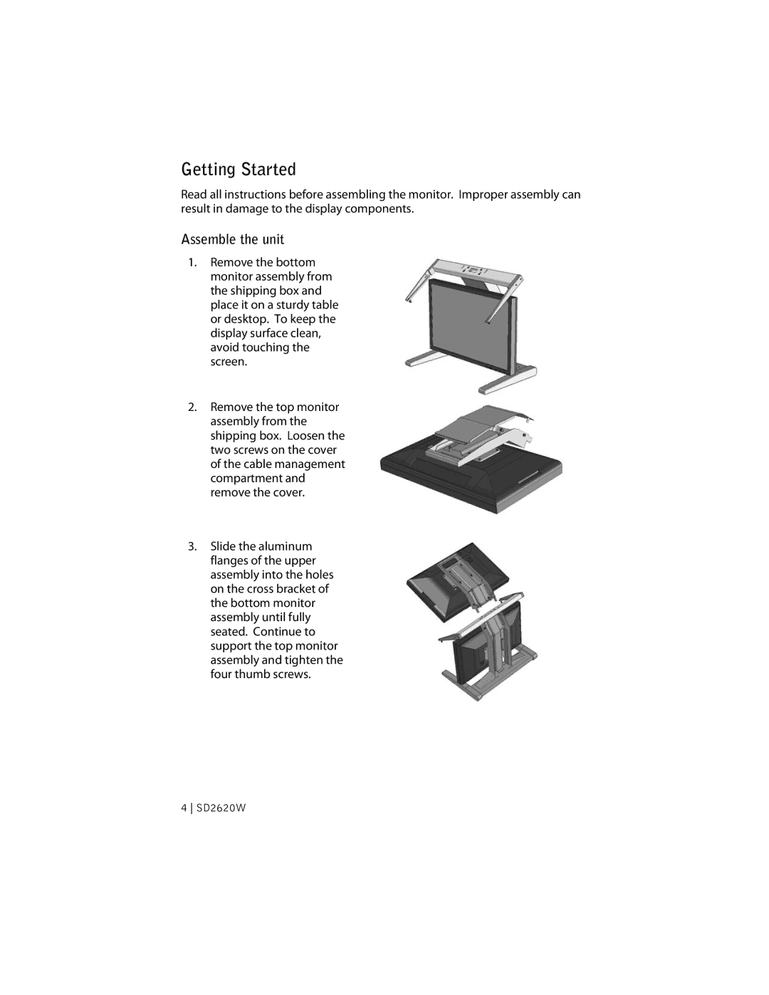 Planar SD2620W manual Getting Started, Assemble the unit 