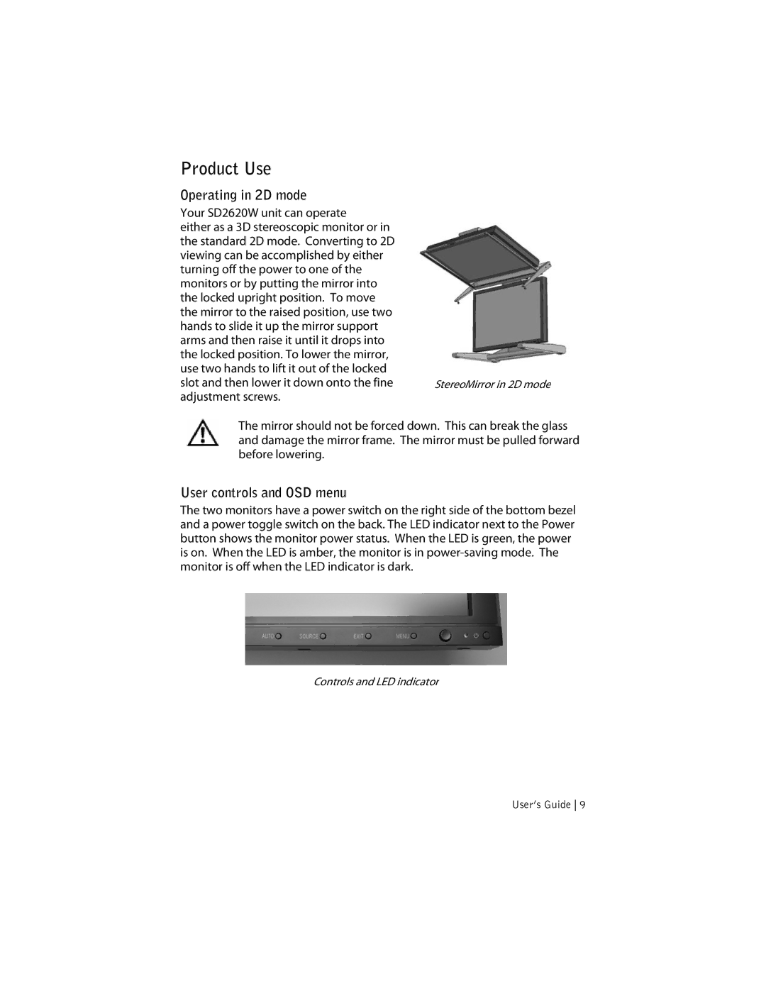 Planar SD2620W manual Product Use, Operating in 2D mode, User controls and OSD menu 