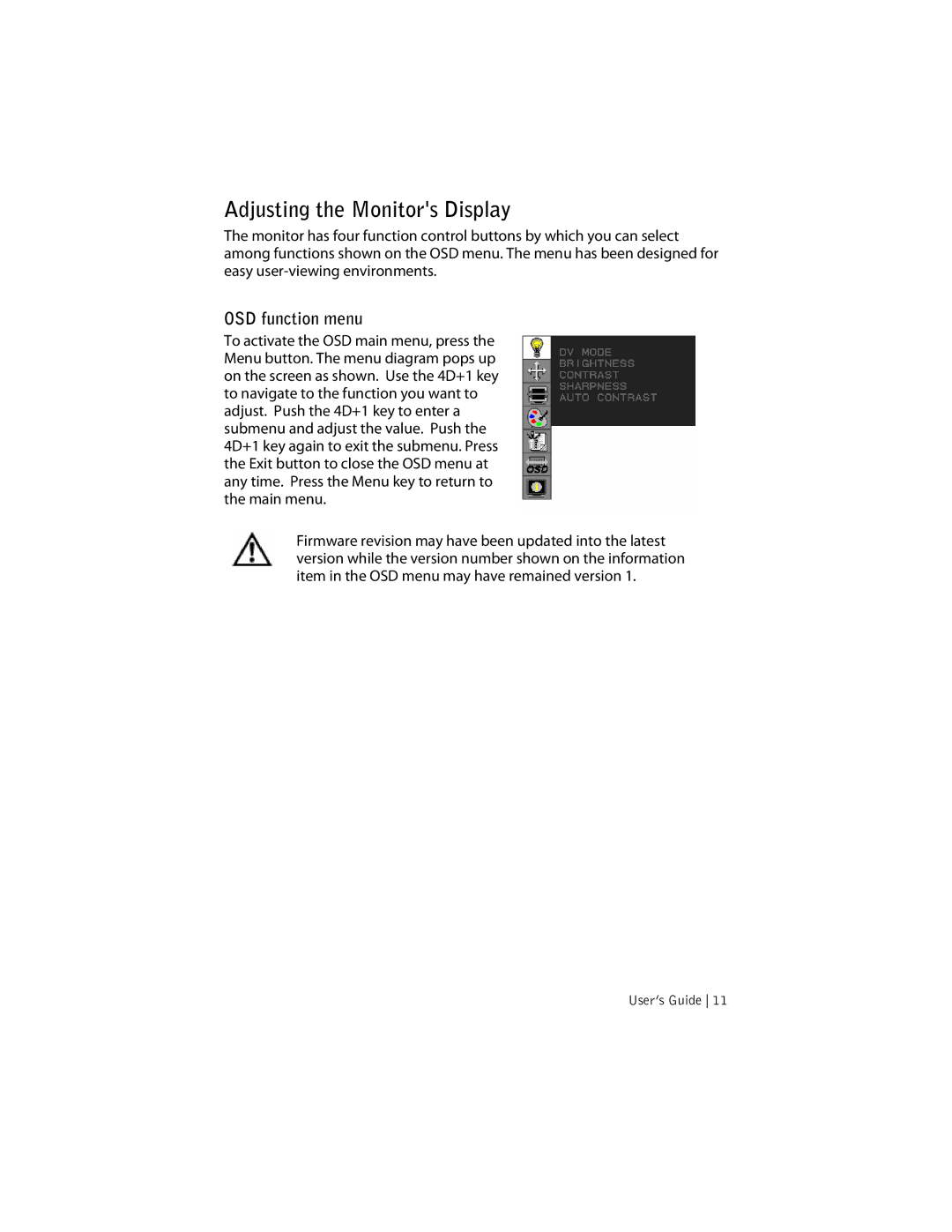 Planar SD2620W manual Adjusting the Monitors Display, OSD function menu 