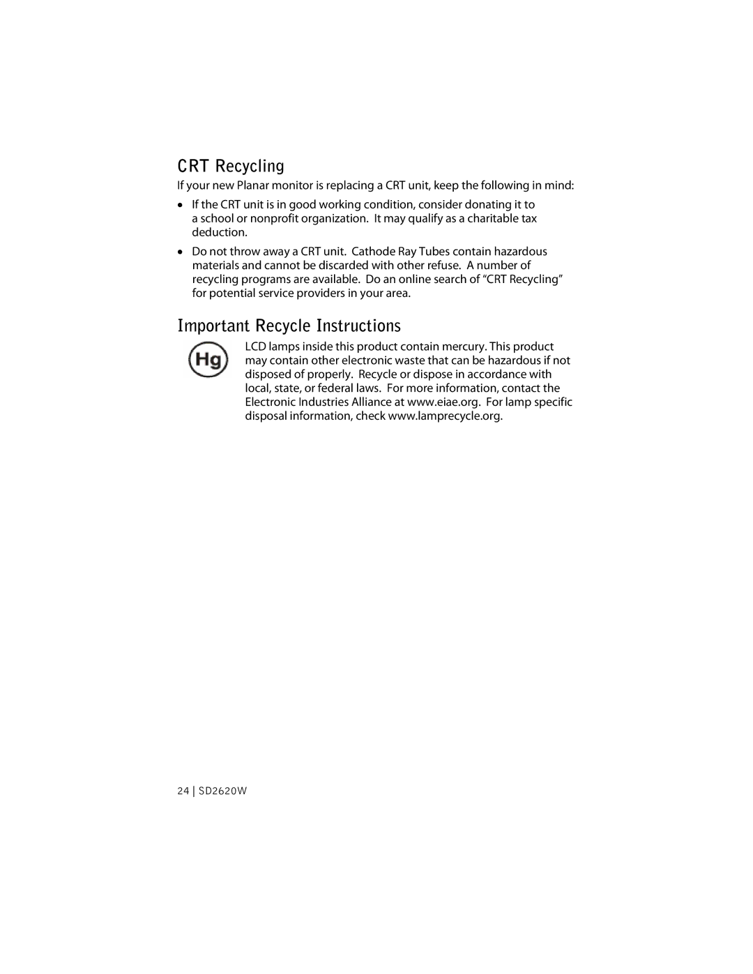 Planar SD2620W manual CRT Recycling, Important Recycle Instructions 