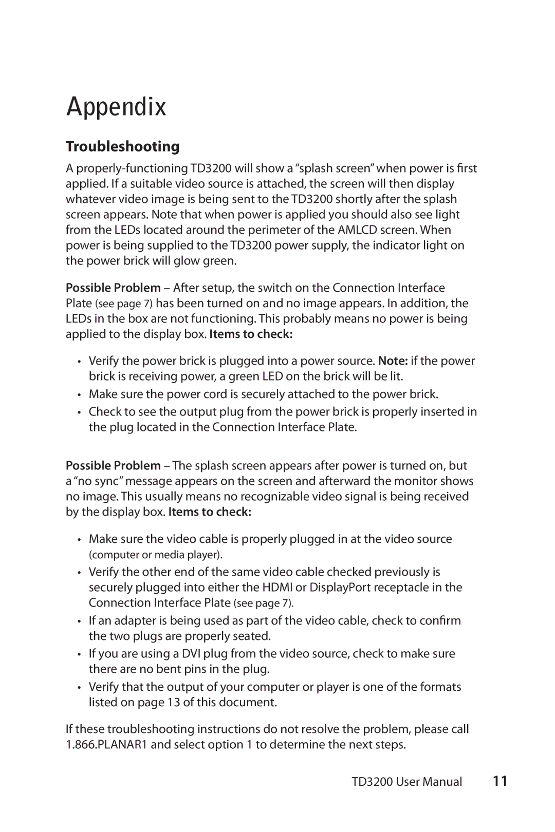 Planar TD3200 user manual Appendix, Troubleshooting 