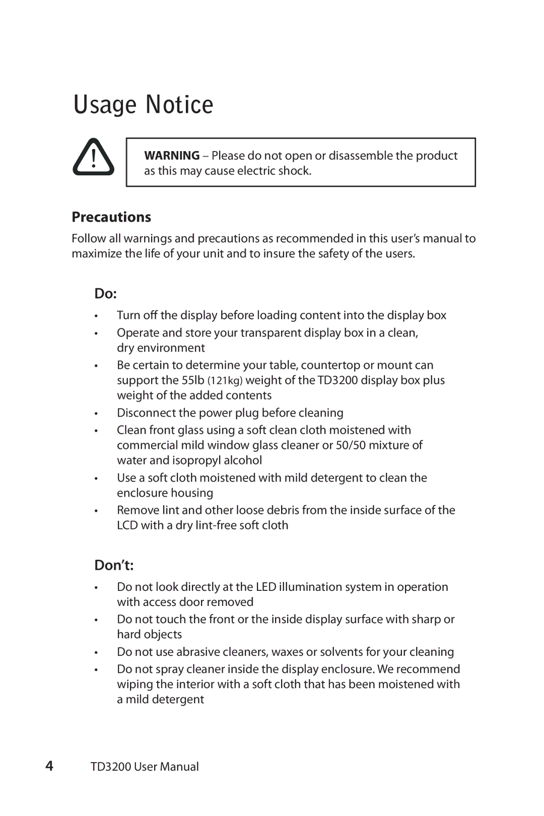 Planar TD3200 user manual Usage Notice, Precautions, Don’t 