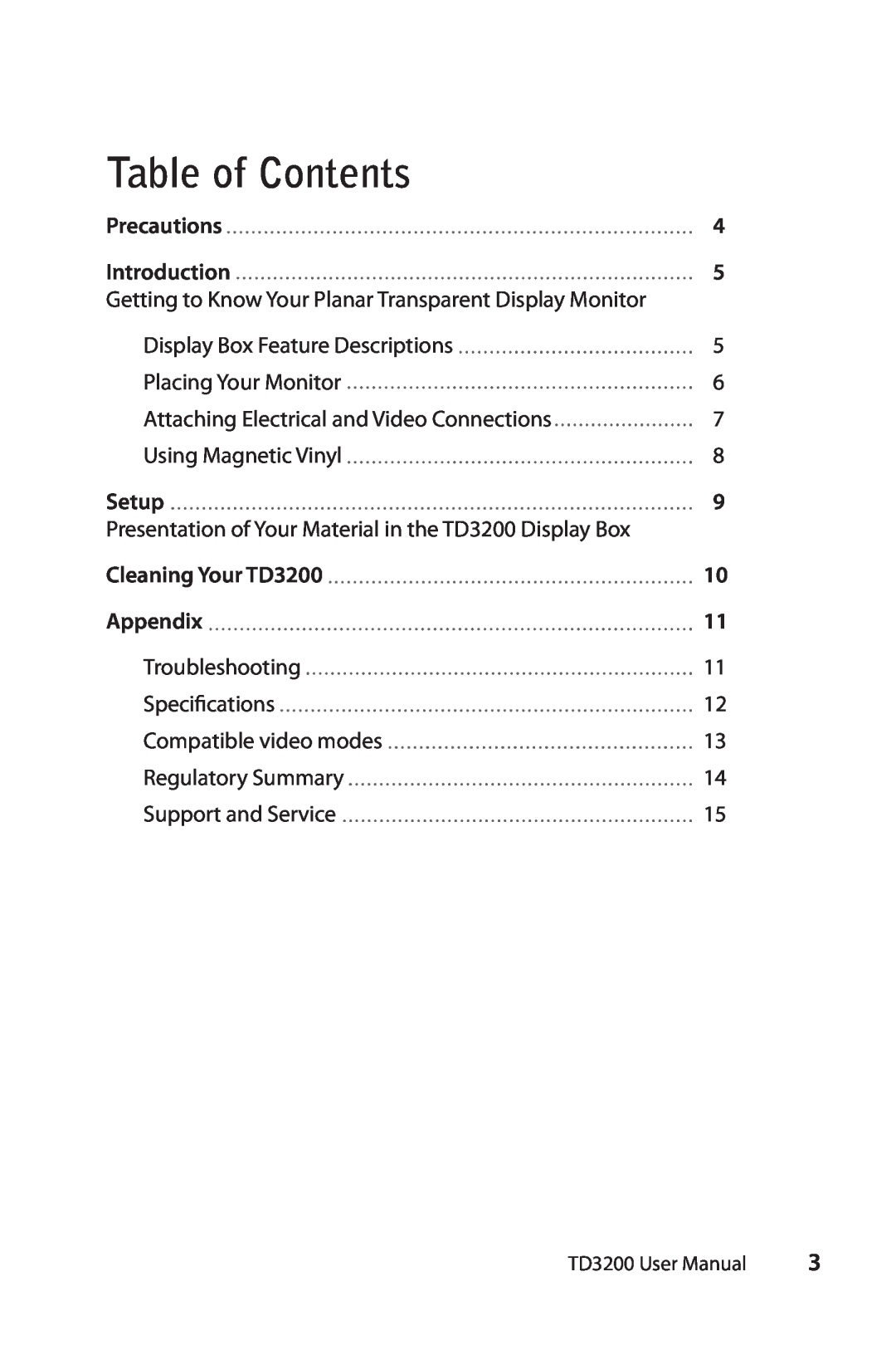 Planar user manual Table of Contents, Precautions, Introduction, Setup, Cleaning Your TD3200, Appendix 