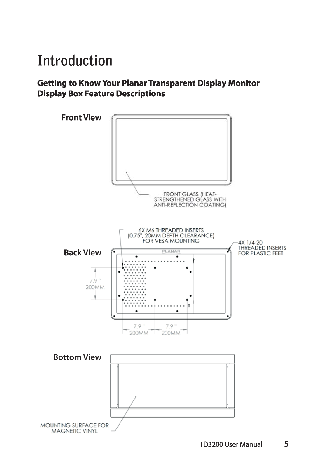 Planar TD3200 user manual Introduction, Front View Back View Bottom View 