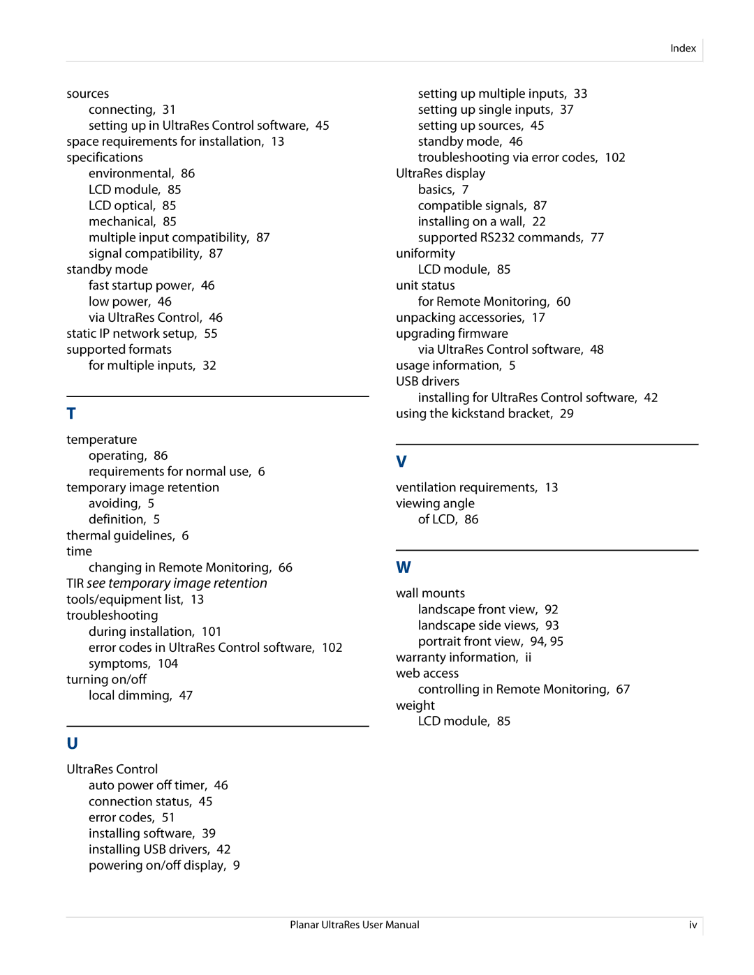 Planar UR8450-LX, UR8450-3D, UR8450-MX manual Index 