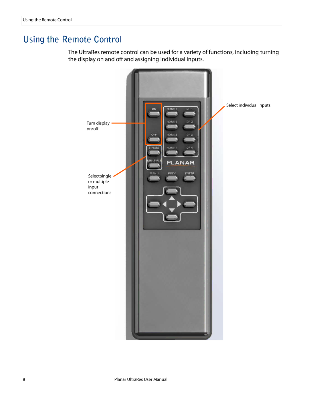 Planar UR8450-MX, UR8450-LX, UR8450-3D manual Using the Remote Control 