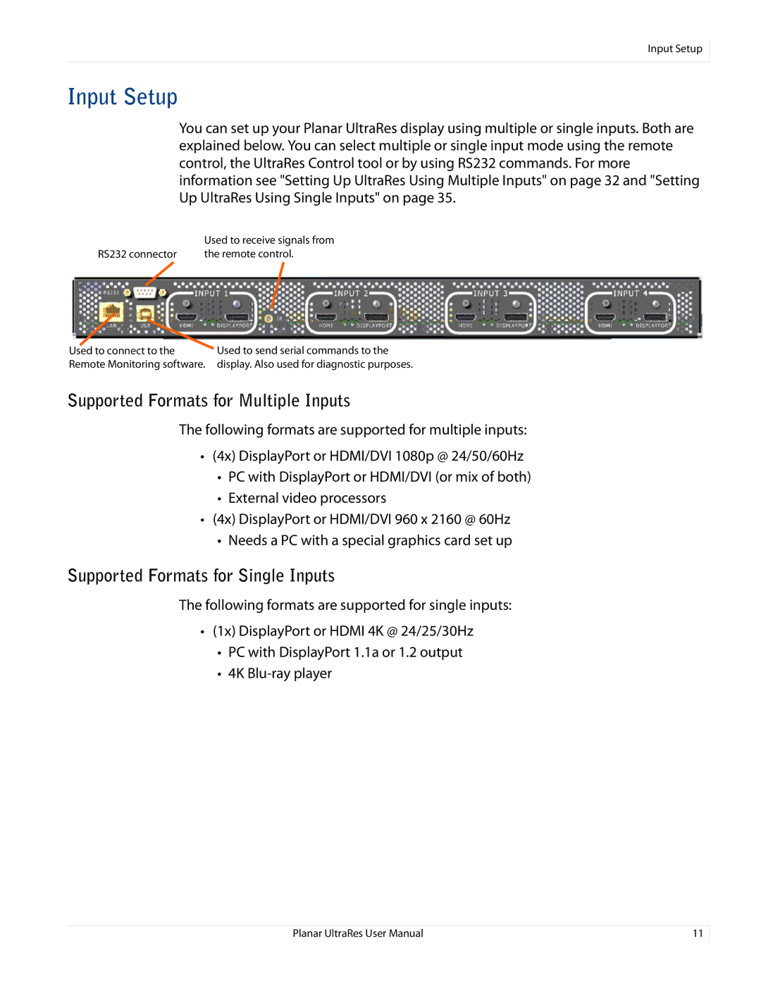 Planar UR8450-MX, UR8450-LX manual Input Setup, Supported Formats for Multiple Inputs, Supported Formats for Single Inputs 