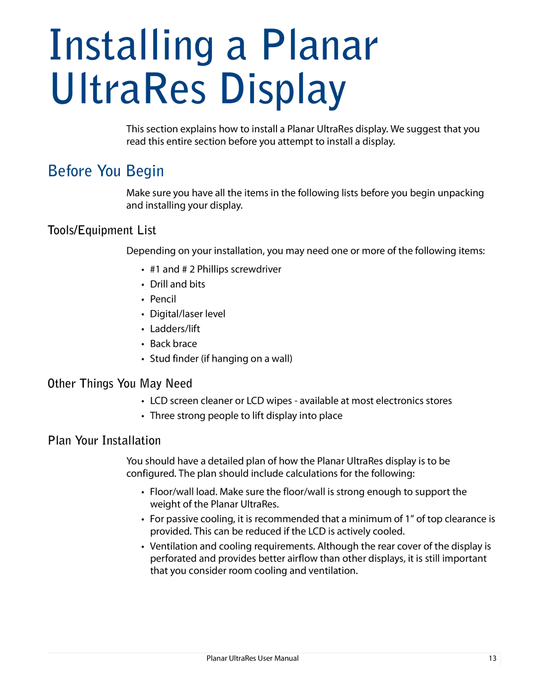 Planar UR8450-3D Installing a Planar UltraRes Display, Before You Begin, Tools/Equipment List, Other Things You May Need 