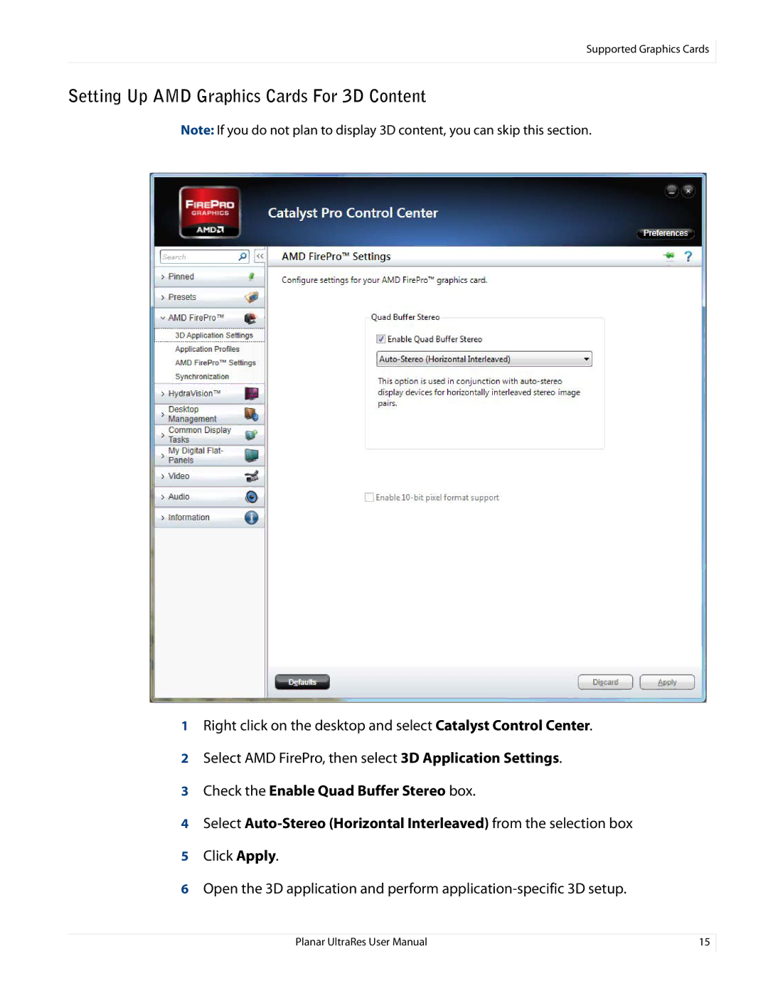 Planar UR8450-LX, UR8450-3D, UR8450-MX manual Setting Up AMD Graphics Cards For 3D Content 