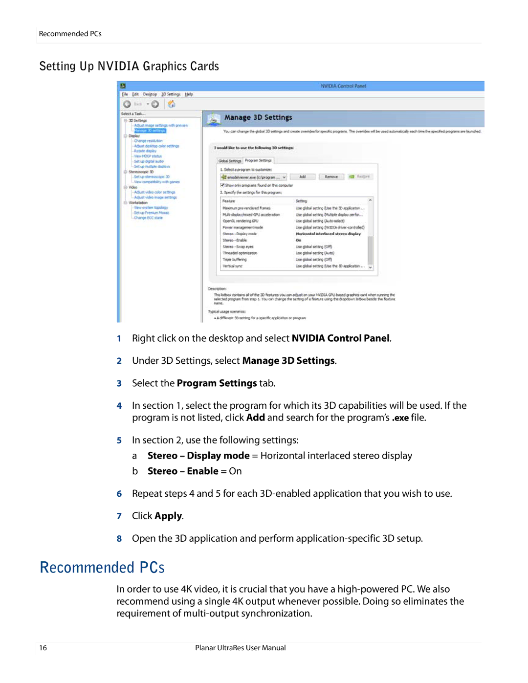 Planar UR8450-3D, UR8450-LX, UR8450-MX manual Recommended PCs, Setting Up Nvidia Graphics Cards 